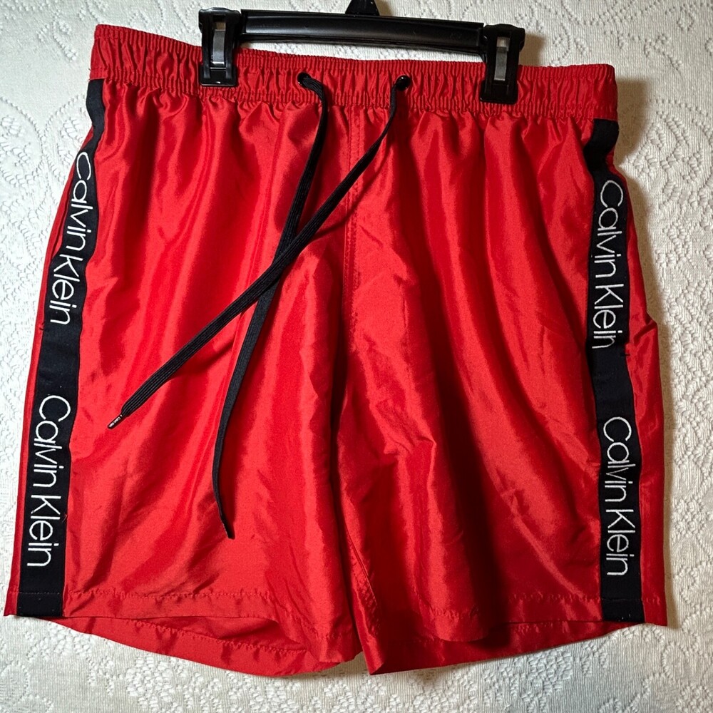 Calvin Klein Swim Shorts Menâs Large Red Mesh Liner Logo Trim Drawstring CK